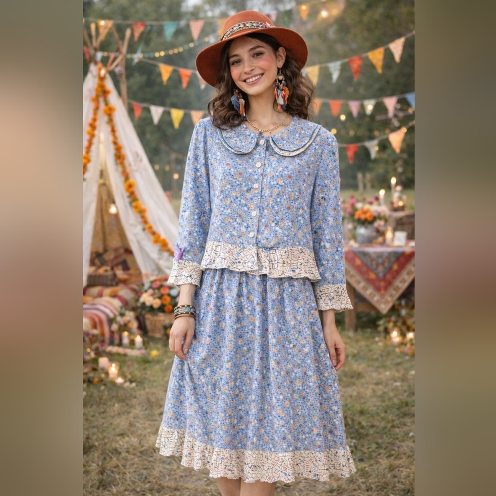 Boutique Floral Multi-Media Bib Collar Blouse & Midi Skirt Set | Large